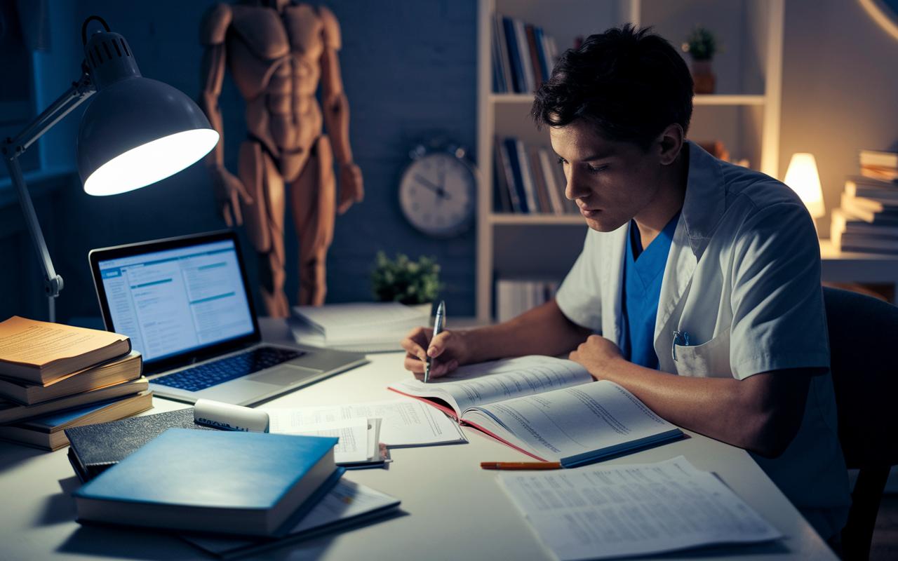 A medical student studying late at night for USMLE Step 1 with anatomy reference and laptop