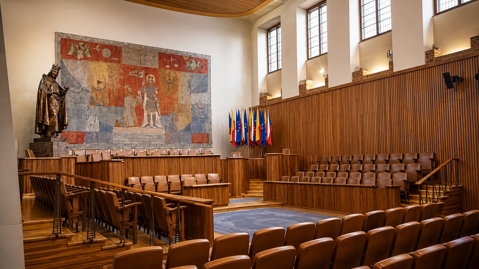 Charles University assembly hall (aula) with the statue of Charles IV